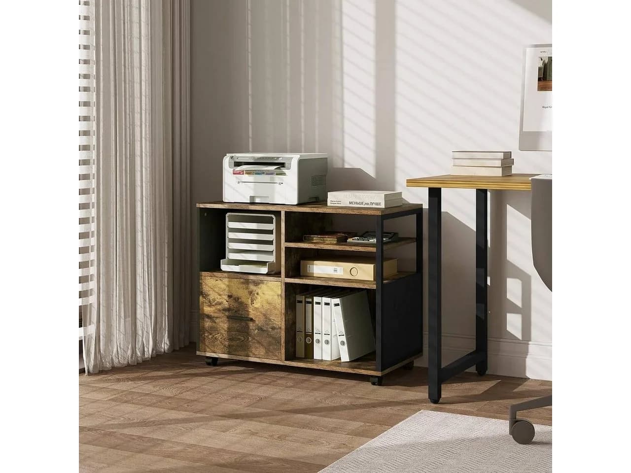 Woltu Aktenschrank Retro Braun/Schwarz mit Rollen und Schublade - Bild 4