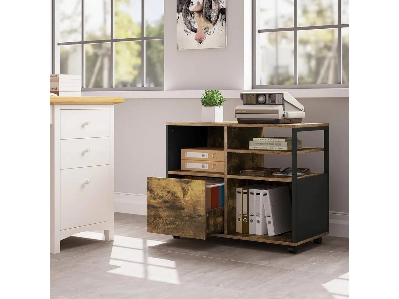 Woltu Aktenschrank Retro Braun/Schwarz mit Rollen und Schublade - Bild 5