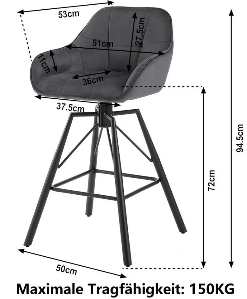 Woltu Barhocker Set 4-tlg. Grau/Schwarz Samt mit Lehne - Bild 3