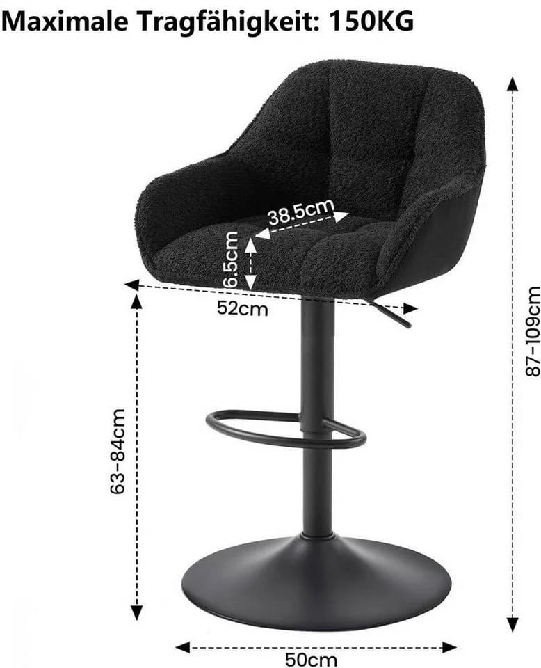 Woltu Barhocker höhenverstellbar drehbar Schwarz Grau Chenille Metall - Bild 3