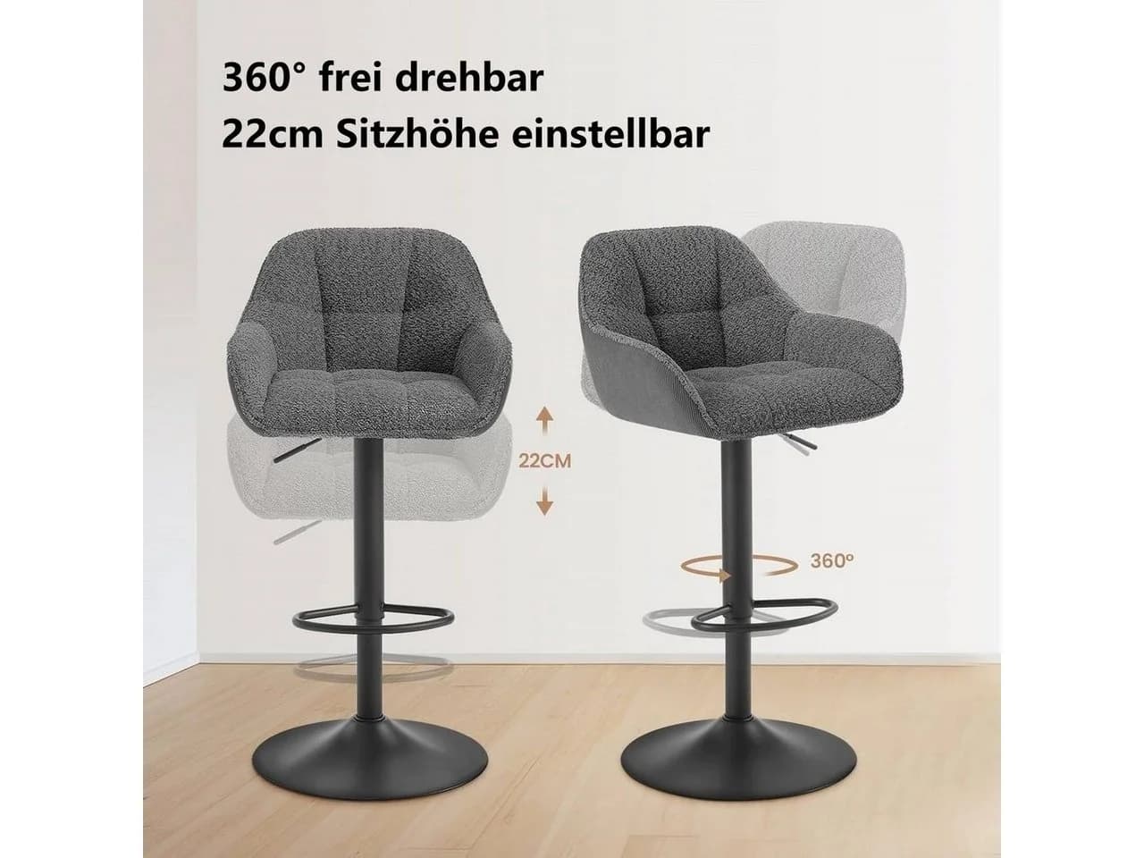 Woltu Barhocker 2er Set höhenverstellbar Grau/Schwarz - Bild 4