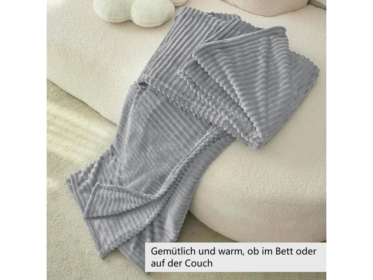 Woltu Wohndecke Flanell Kuscheldecke Grau Gestreift - Bild 4