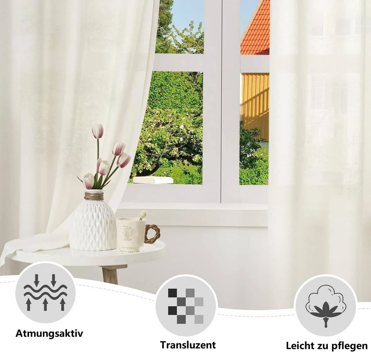 Woltu Gardine mit Ösen Halbtransparent Leinenoptik Weiss - Bild 3