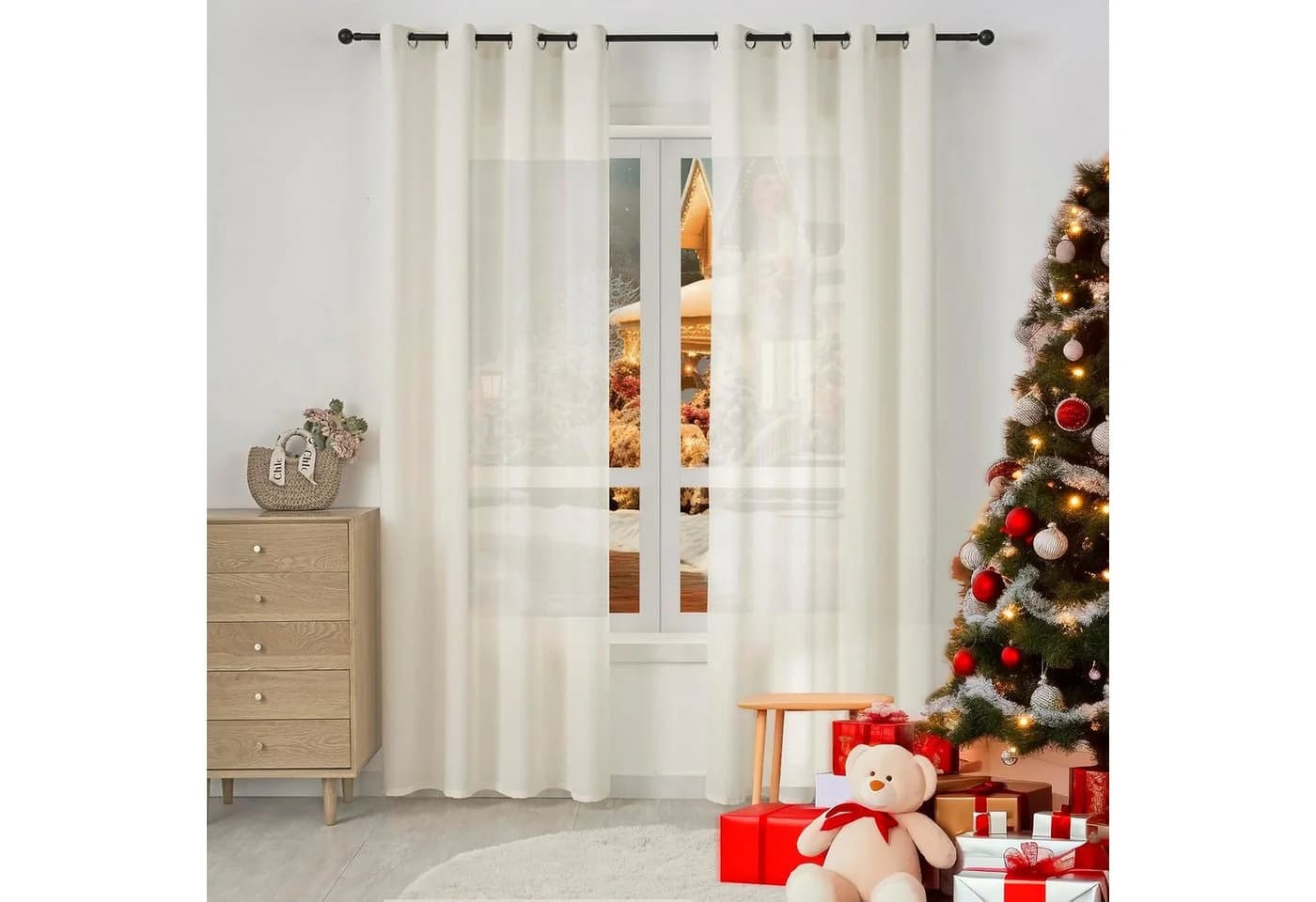 Woltu Gardine 2er Set Leinenoptik Creme Polyester Ösen - Bild 2