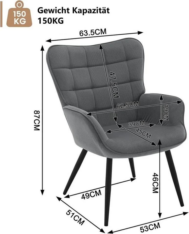 Woltu Relaxsessel Ohrensessel mit Cordbezug Grau - Bild 3