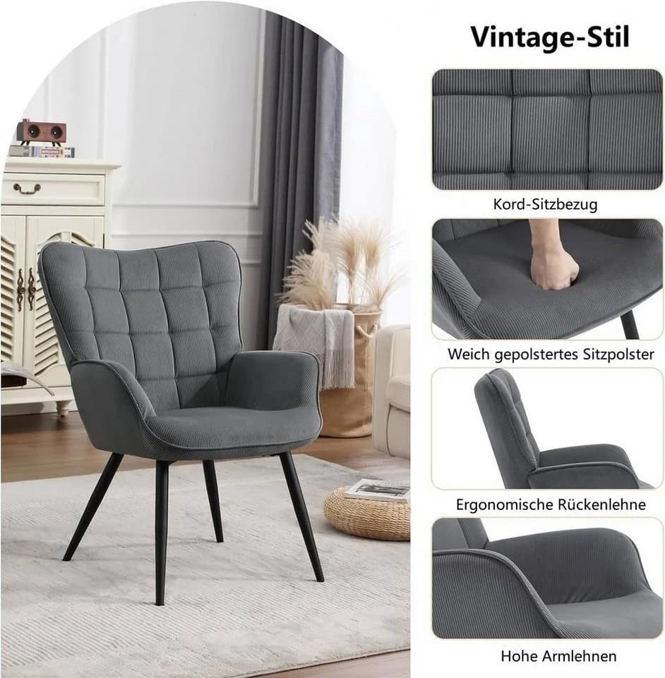 Woltu Relaxsessel Ohrensessel mit Cordbezug Grau - Bild 5