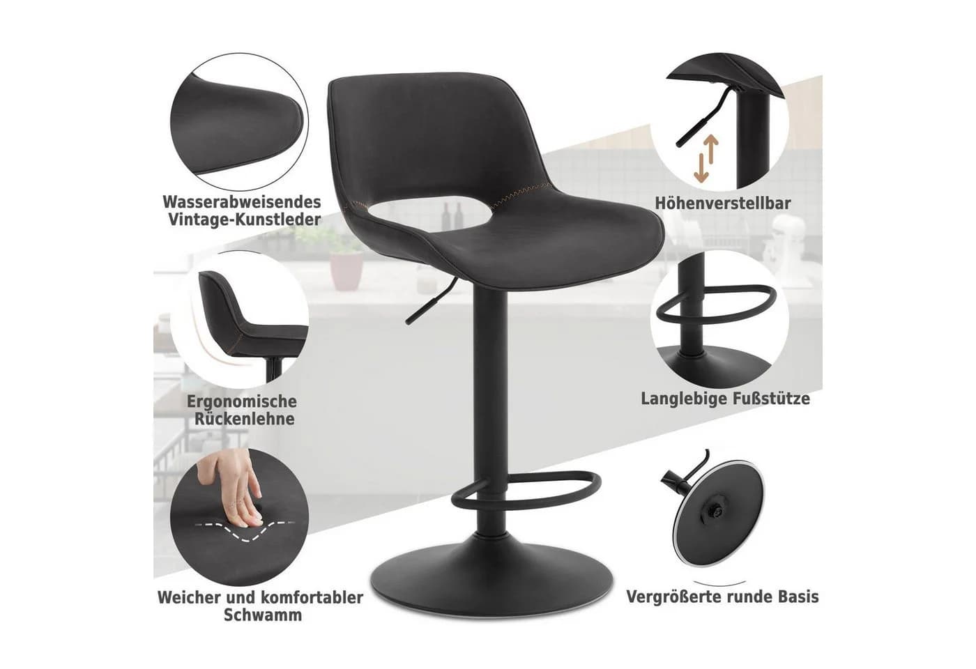 Woltu Barhocker Höhenverstellbar Braun Anthrazit mit Fußstütze - Bild 4