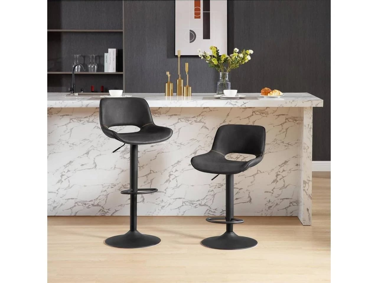 Woltu Barhocker 2er Set Anthrazit/Braun höhenverstellbar mit Fußstütze