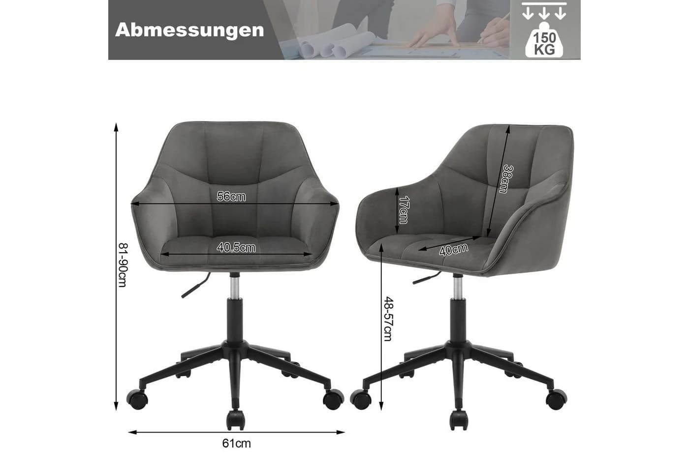 Woltu Bürostuhl Grau Samt höhenverstellbar mit Rollen - Bild 3