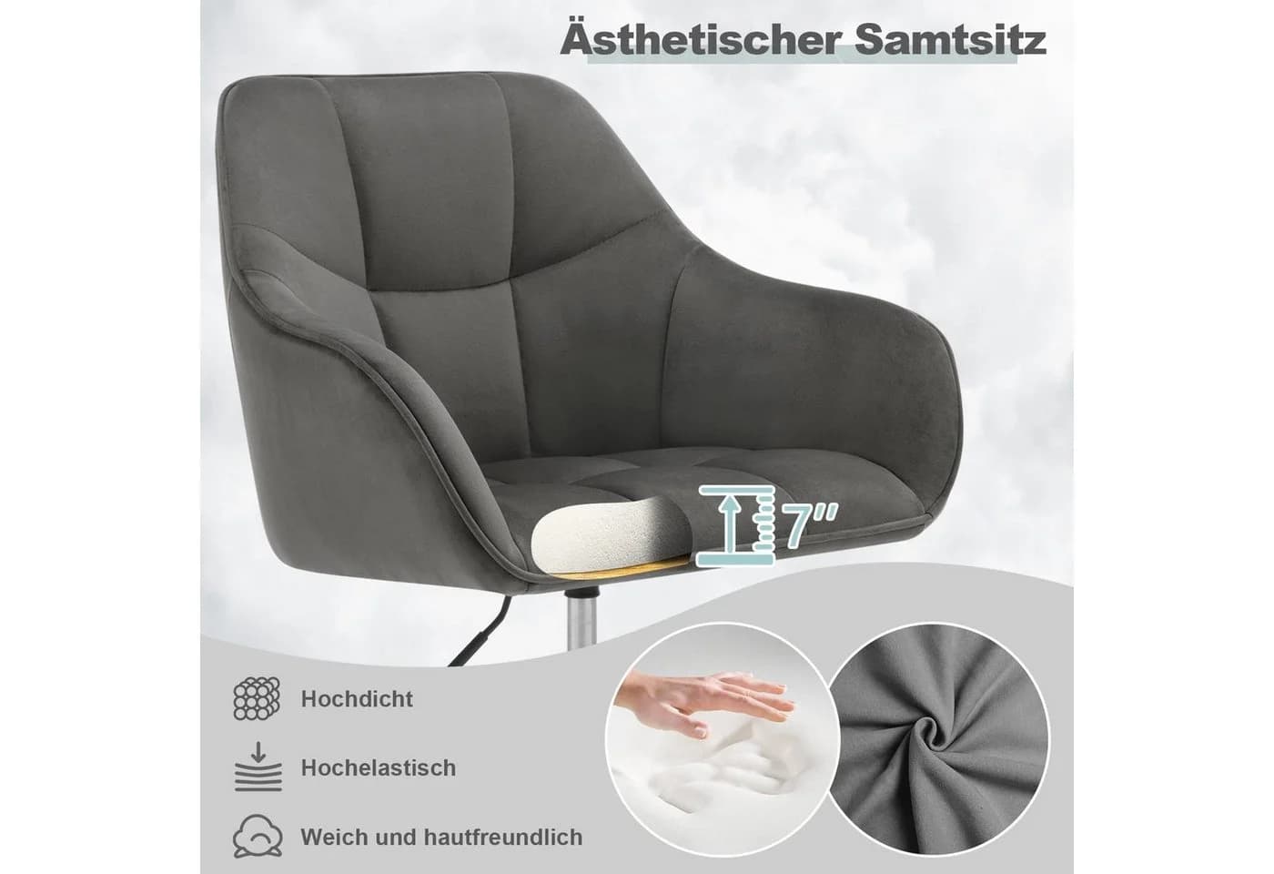 Woltu Bürostuhl Grau Samt höhenverstellbar mit Rollen - Bild 4