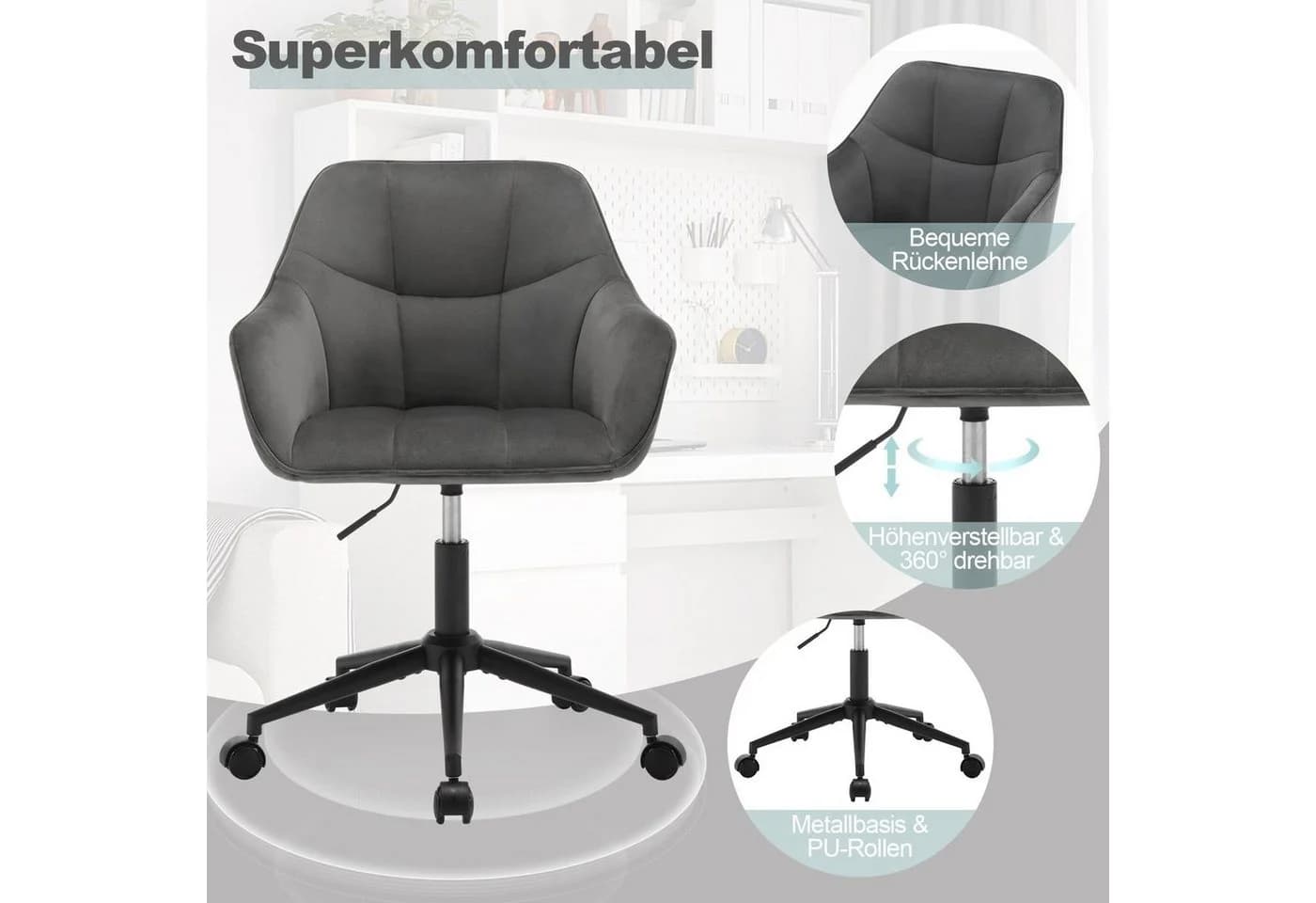 Woltu Bürostuhl Grau Samt höhenverstellbar mit Rollen - Bild 5