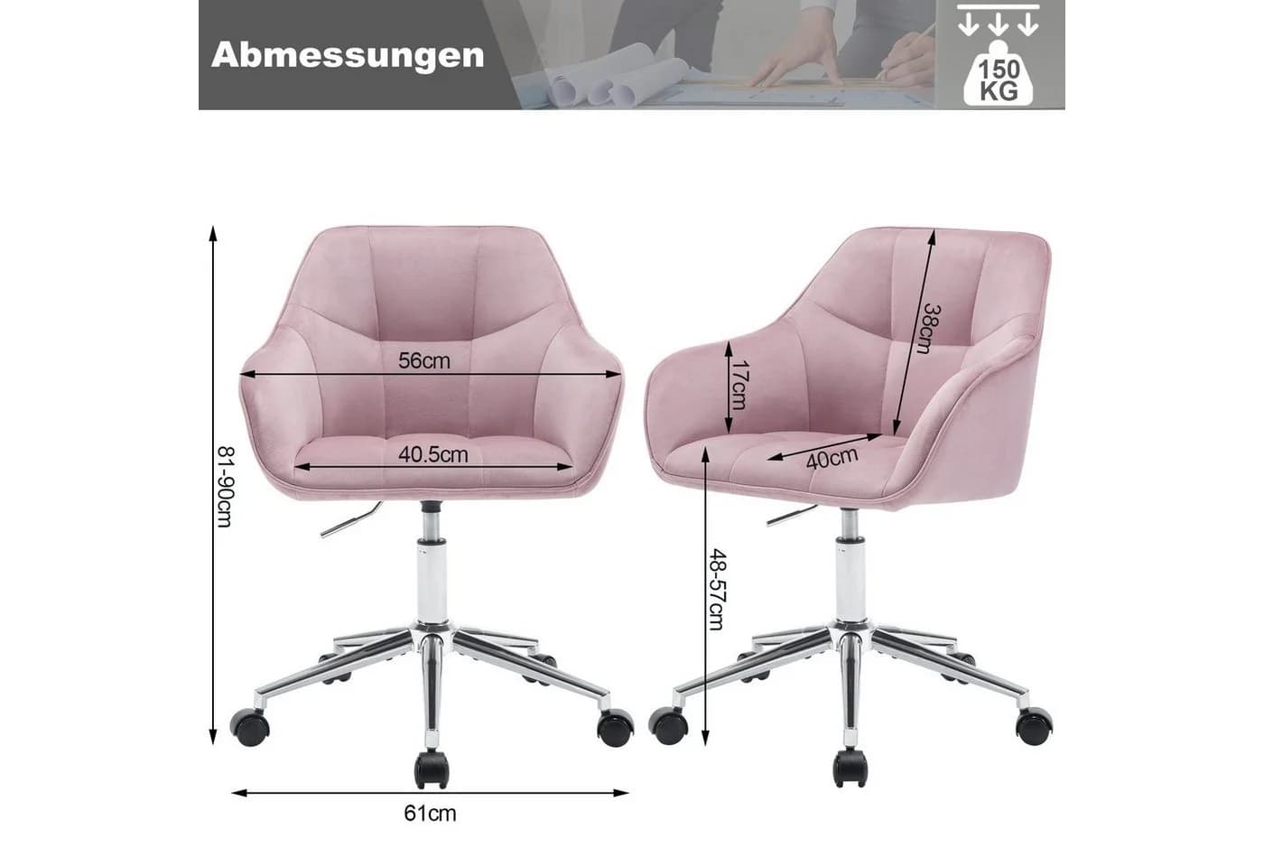 Woltu Bürostuhl Rosa Samt höhenverstellbar - Bild 3