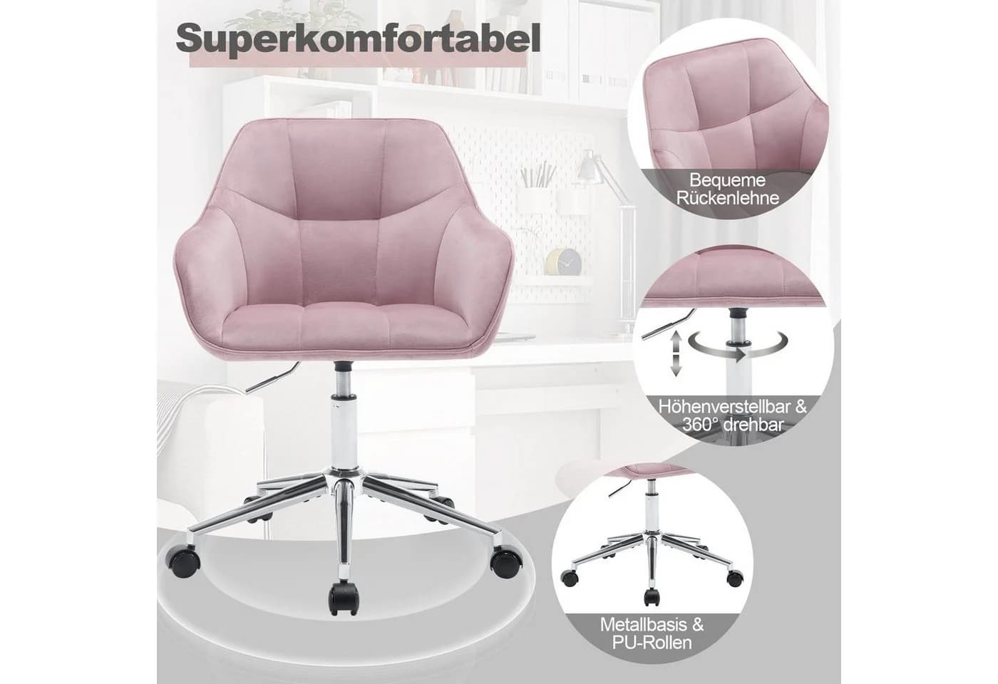Woltu Bürostuhl Rosa Samt höhenverstellbar - Bild 4