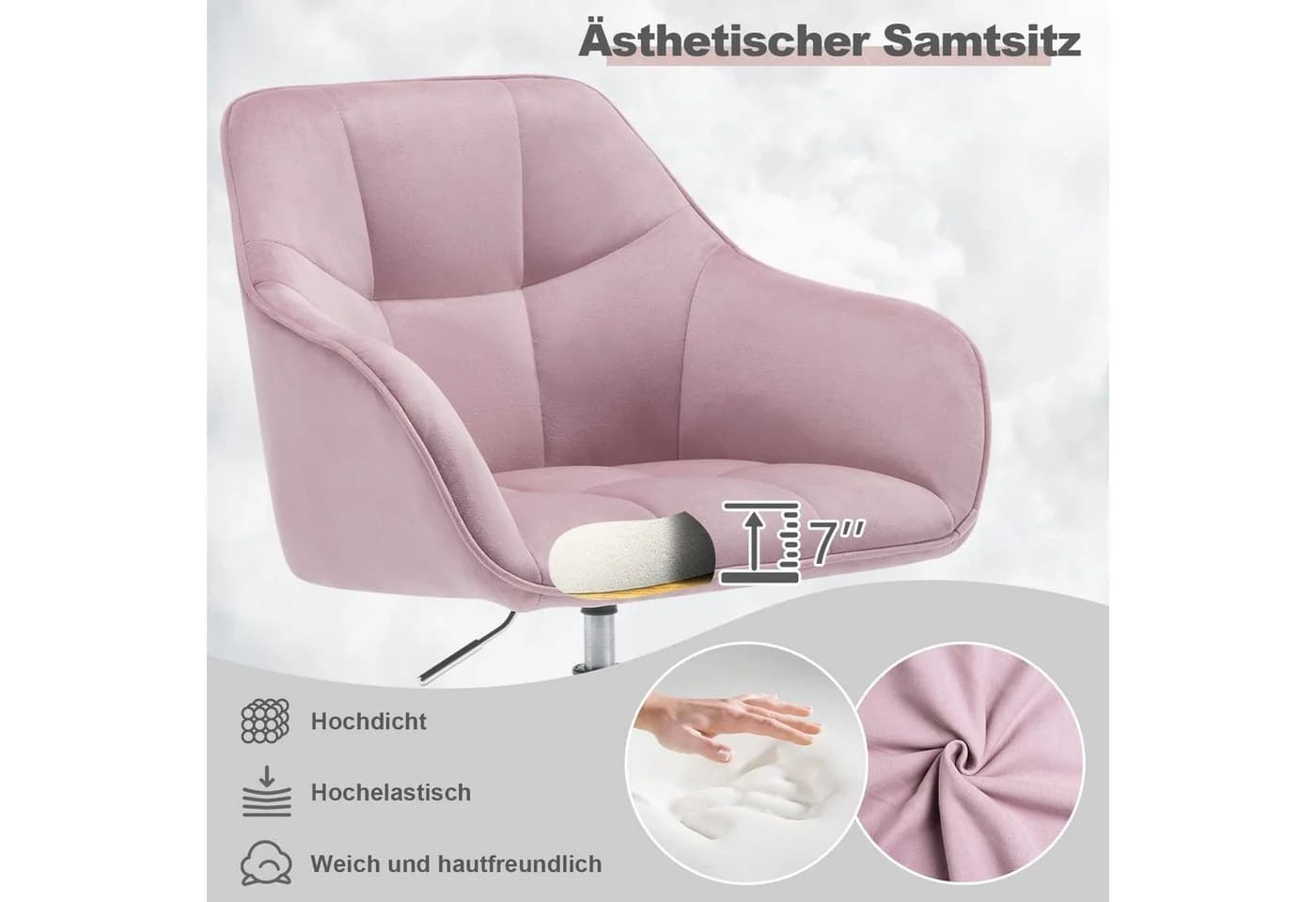 Woltu Bürostuhl Rosa Samt höhenverstellbar - Bild 5