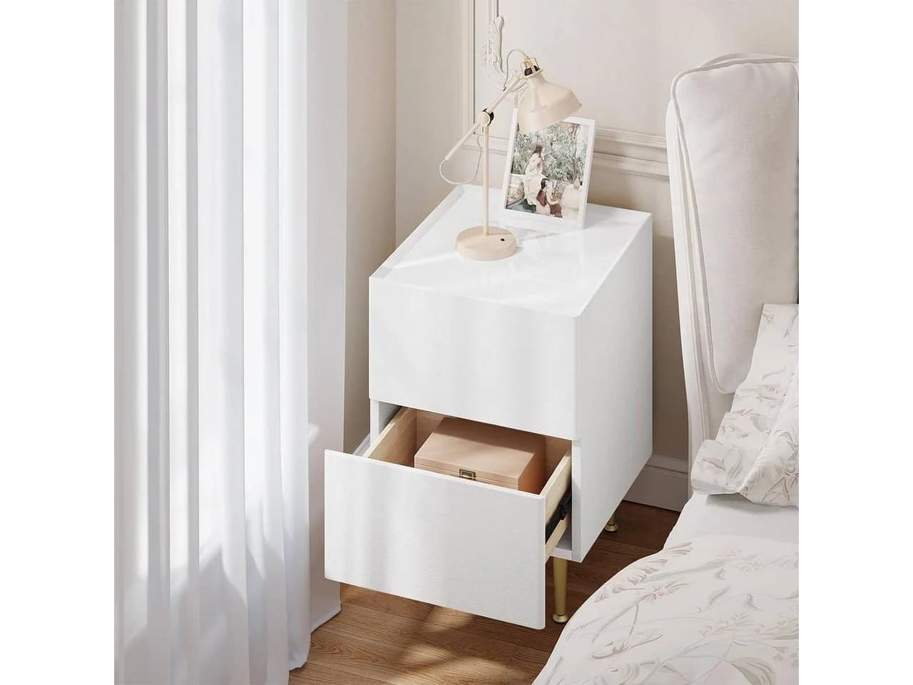 Woltu Nachttisch mit 2 Schubladen Modern Weiß Gold