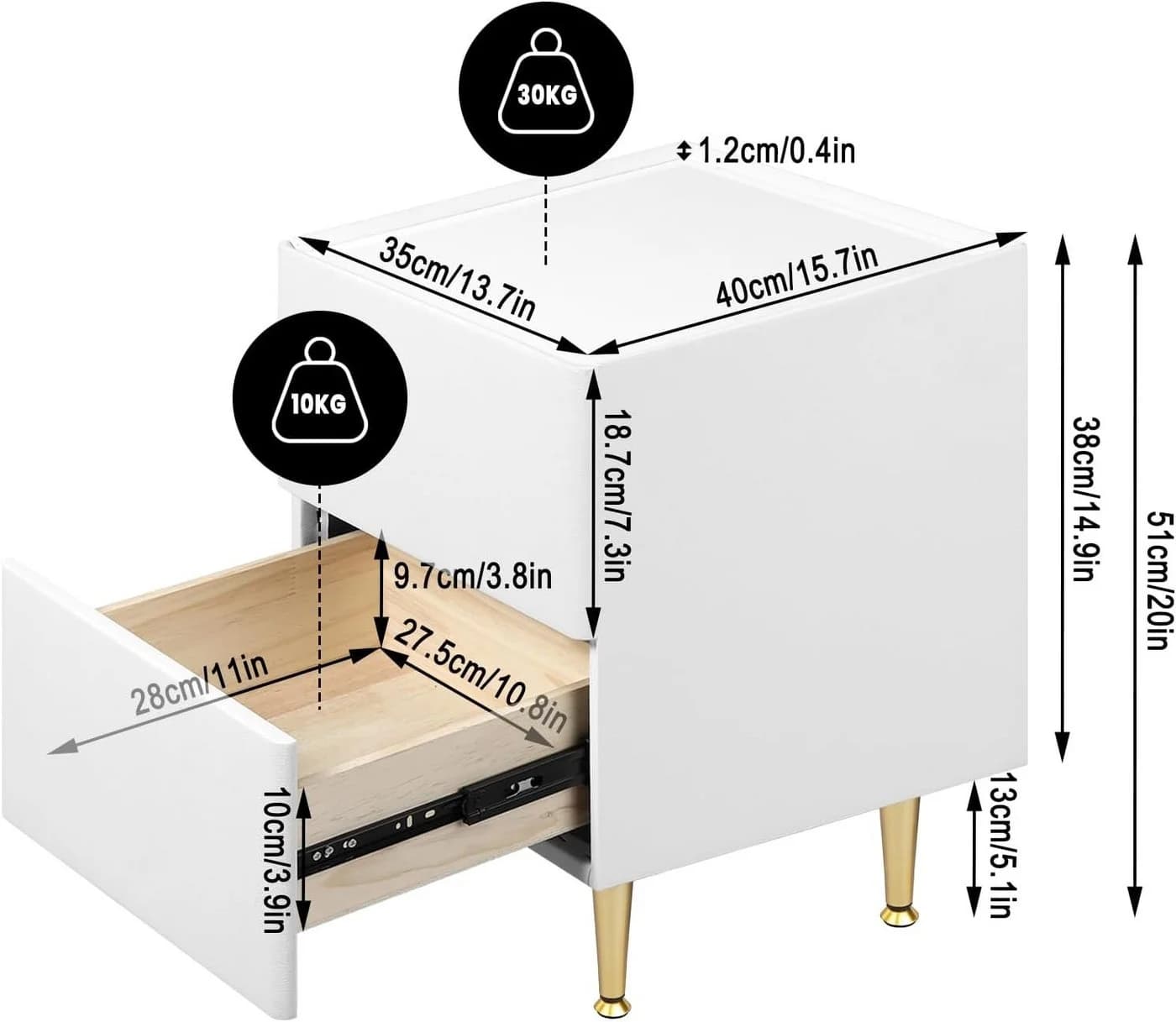 Woltu Nachttisch mit 2 Schubladen Modern Weiß Gold - Bild 3