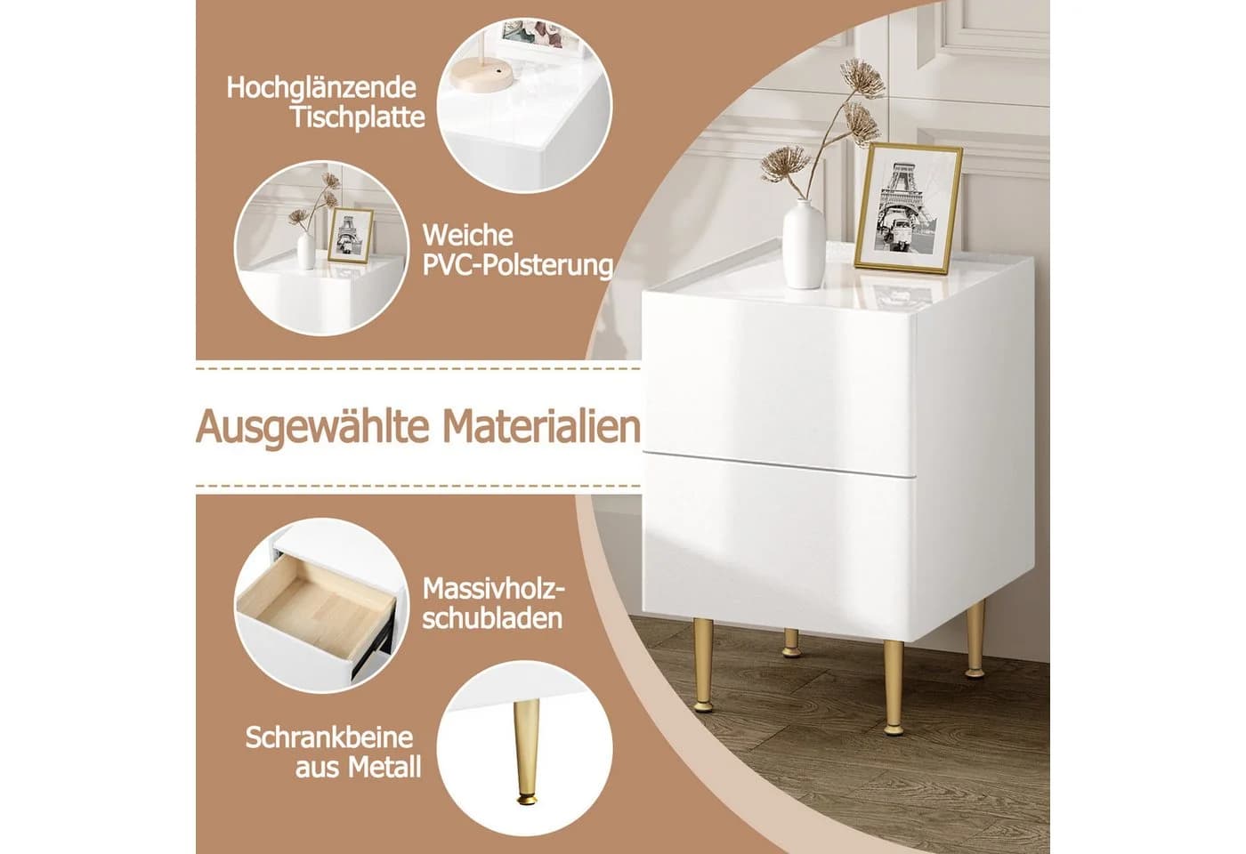 Woltu Nachttisch mit 2 Schubladen Modern Weiß Gold - Bild 5