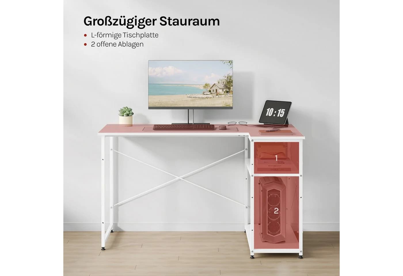 Woltu L-Eckschreibtisch Weiß mit Ablage und Metallgestell - Bild 4