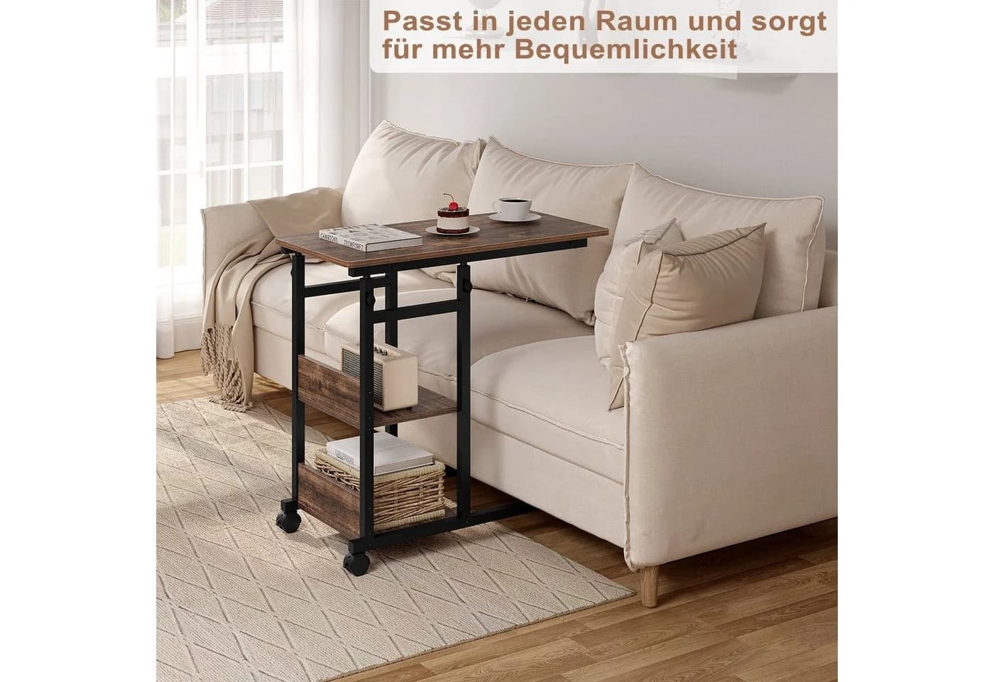 Woltu Beistelltisch C-förmig höhenverstellbar mit Rollen Vintage-Holzoptik