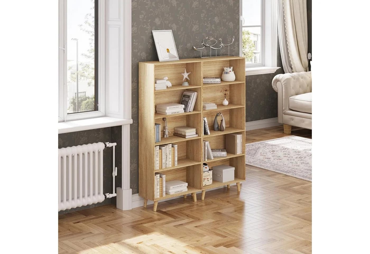 Woltu Bücherregal 5 Fächer Weiß/Helle Eiche Standregal Raumteiler - Bild 4