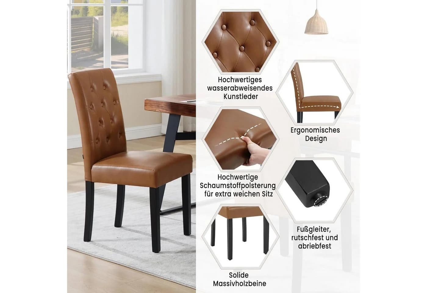 Woltu Esszimmerstuhl mit hoher Rückenlehne Kunstleder Massivholz Schwarz/Braun - Bild 5