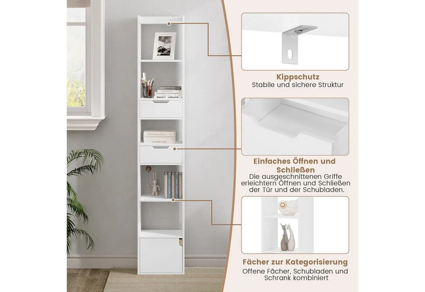 Woltu Bücherregal 1-tlg. Weiß mit 6 Ablagen 2 Schubladen 1 Tür - Bild 5