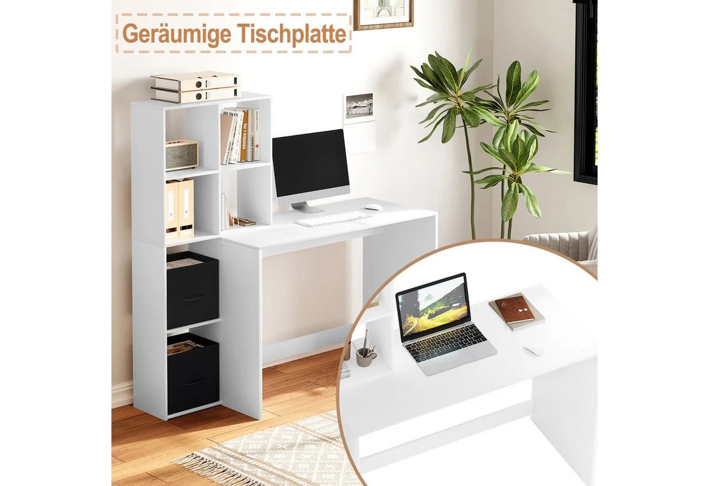 Woltu Schreibtisch mit Regal und 2 Vliesstoffboxen Weiß Modern - Bild 3