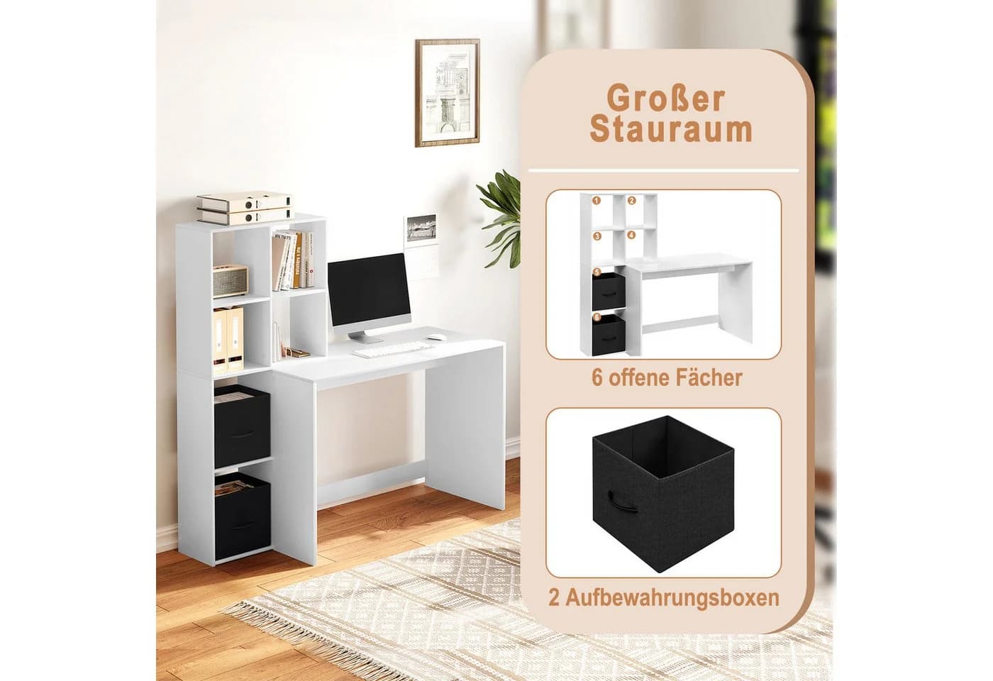 Woltu Schreibtisch mit Regal und 2 Vliesstoffboxen Weiß Modern - Bild 4