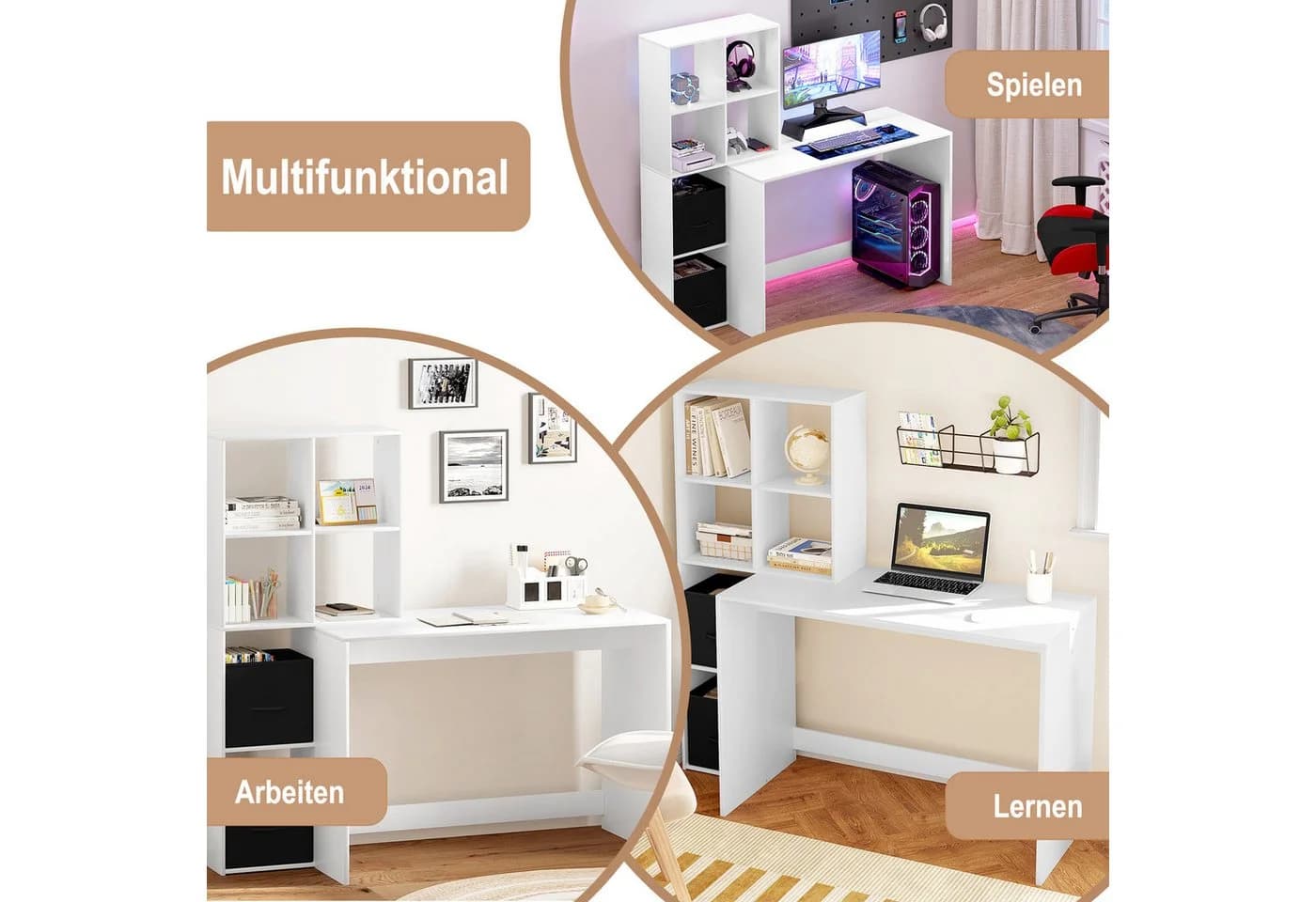Woltu Schreibtisch mit Regal und 2 Vliesstoffboxen Weiß Modern - Bild 5