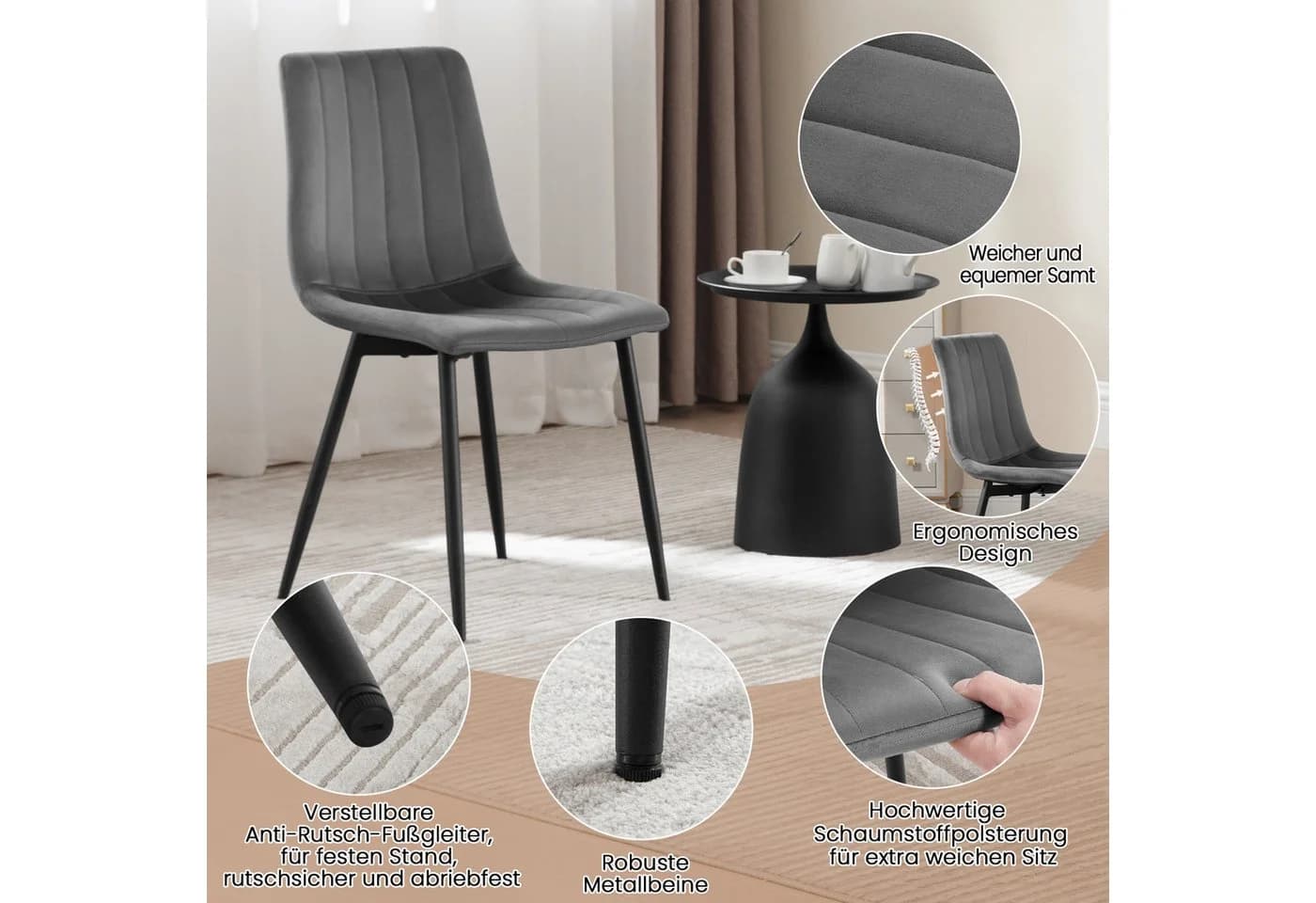 Klihome Polsterstuhl 4er Set Samt Grau Schwarz Beige Dunkelgrün - Bild 5