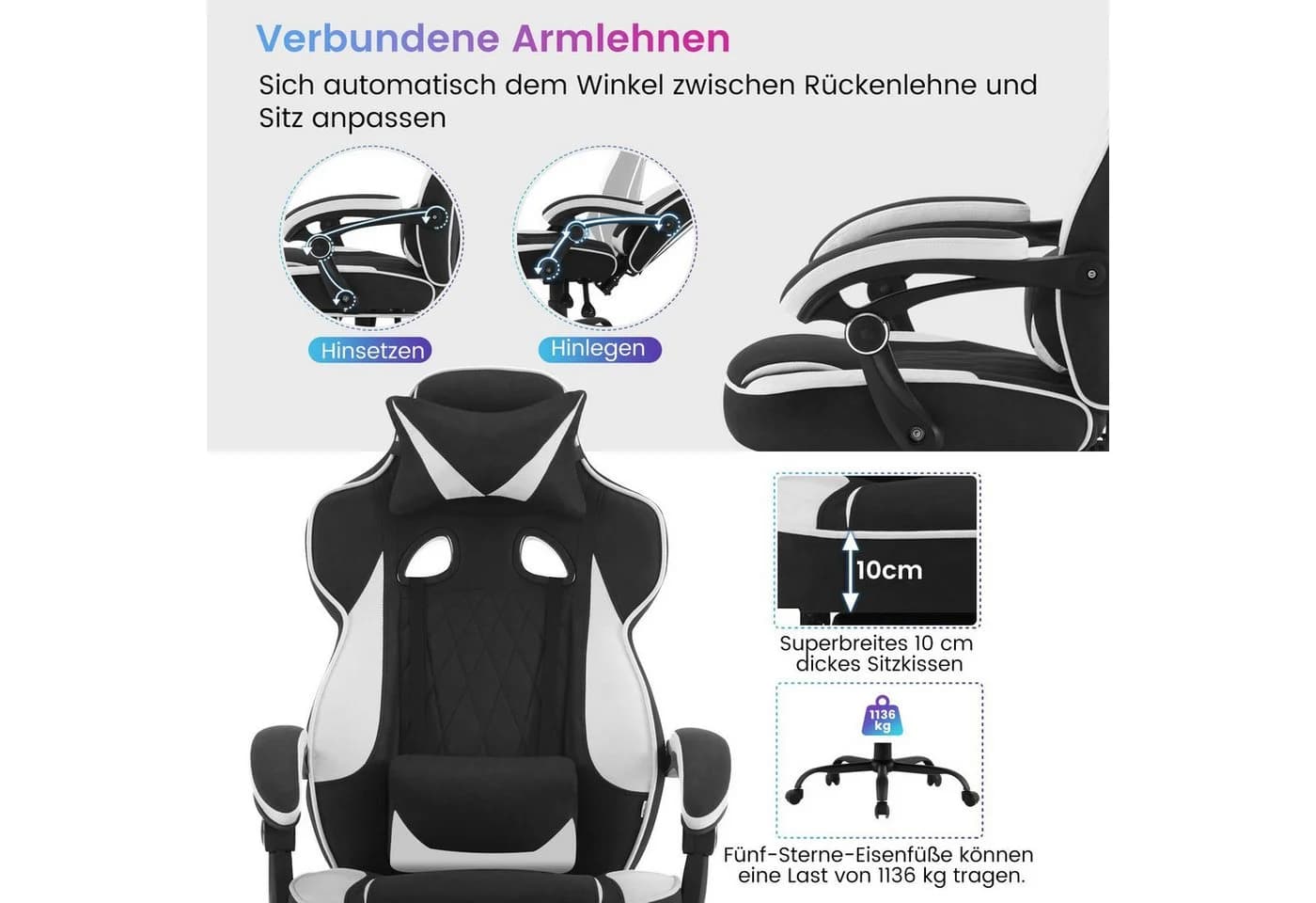 Woltu Gaming-Stuhl Schwarz/Weiß mit Fußstütze und ergonomischem Design - Bild 4