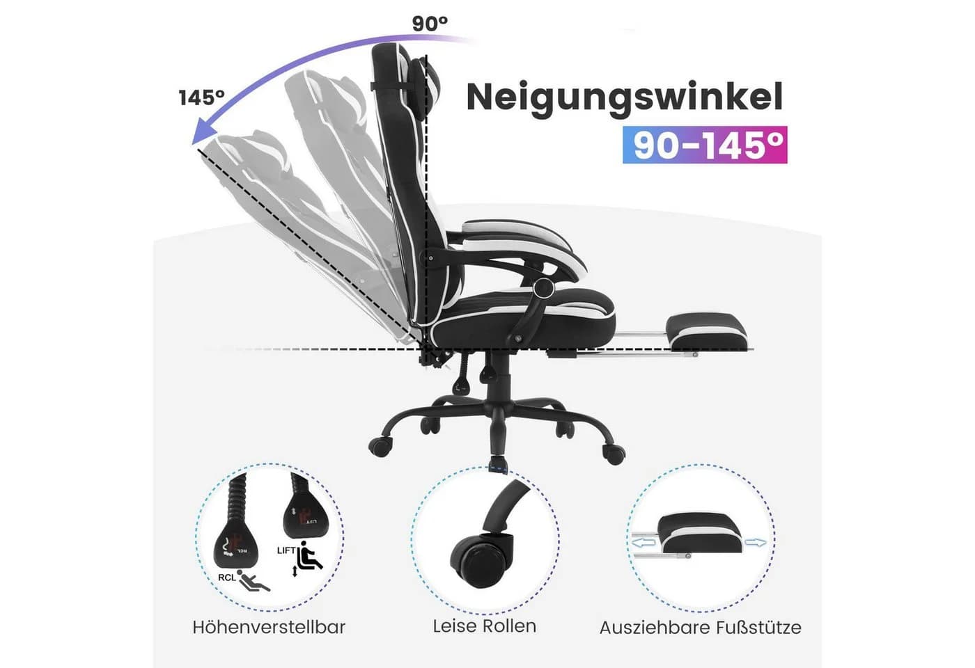 Woltu Gaming-Stuhl Schwarz/Weiß mit Fußstütze und ergonomischem Design - Bild 5