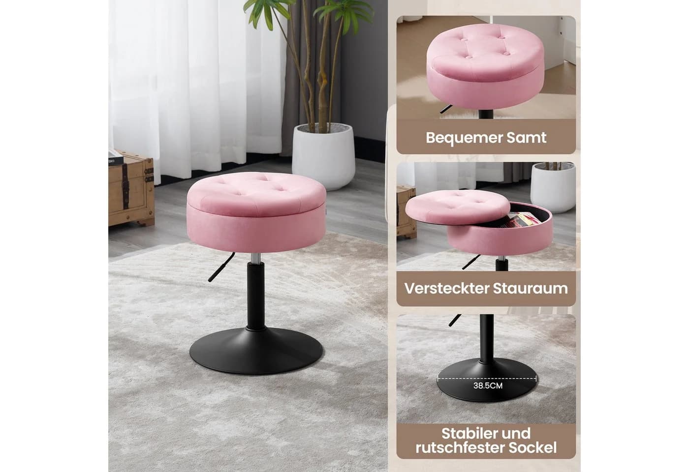 Woltu Drehhocker Rosa höhenverstellbar mit Stauraum - Bild 4