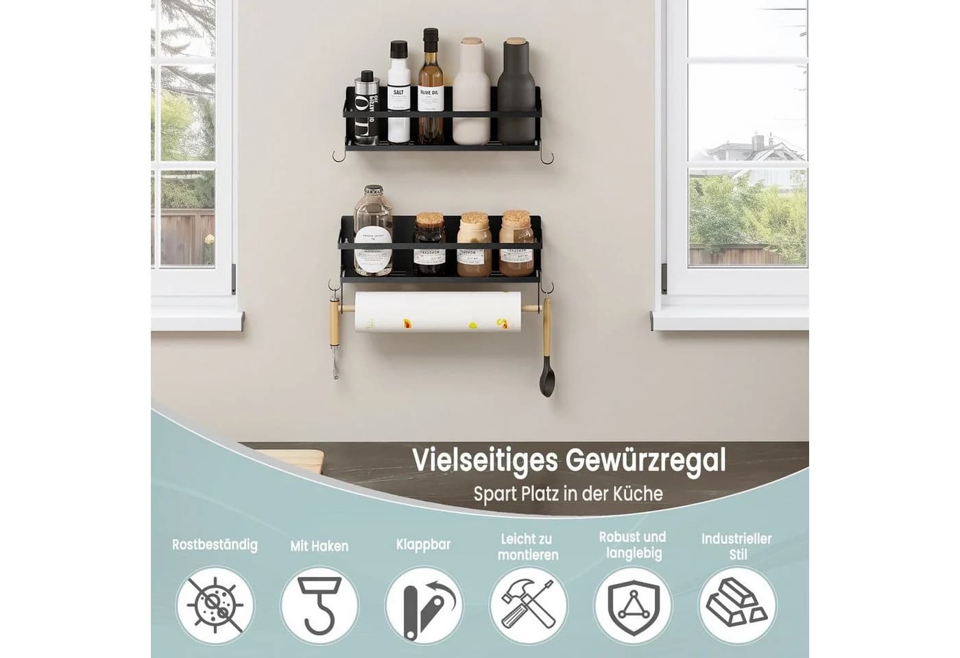 Woltu Gewürzregal Wandregal Küche Schwarz mit Haken - Bild 5