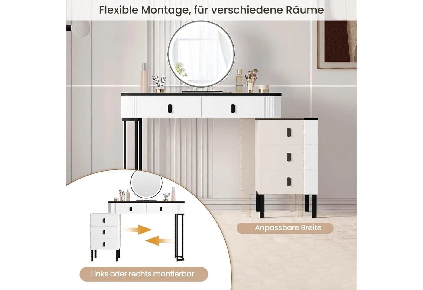 Woltu Schminktisch Weiß/Schwarz mit LED-Spiegel und Seitenschrank - Bild 5