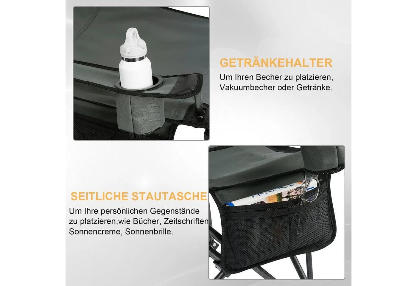 WOLTU Campingstuhl Grau Klappbar mit Getränkehalter und Seitentasche - Bild 5