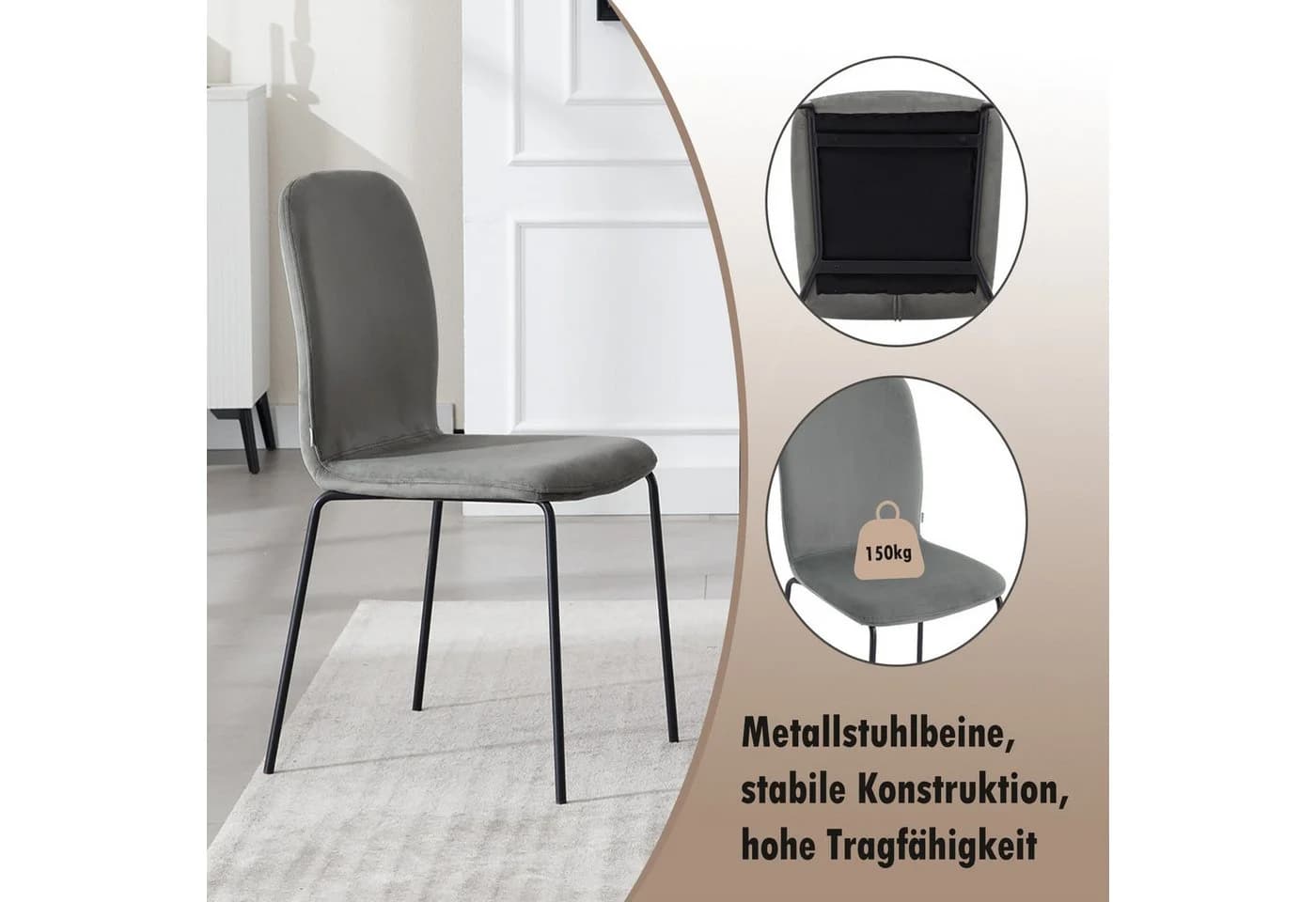 Woltu Esszimmerstuhl 4er Set Samt Grau Stapelstuhl Metallbeine - Bild 5