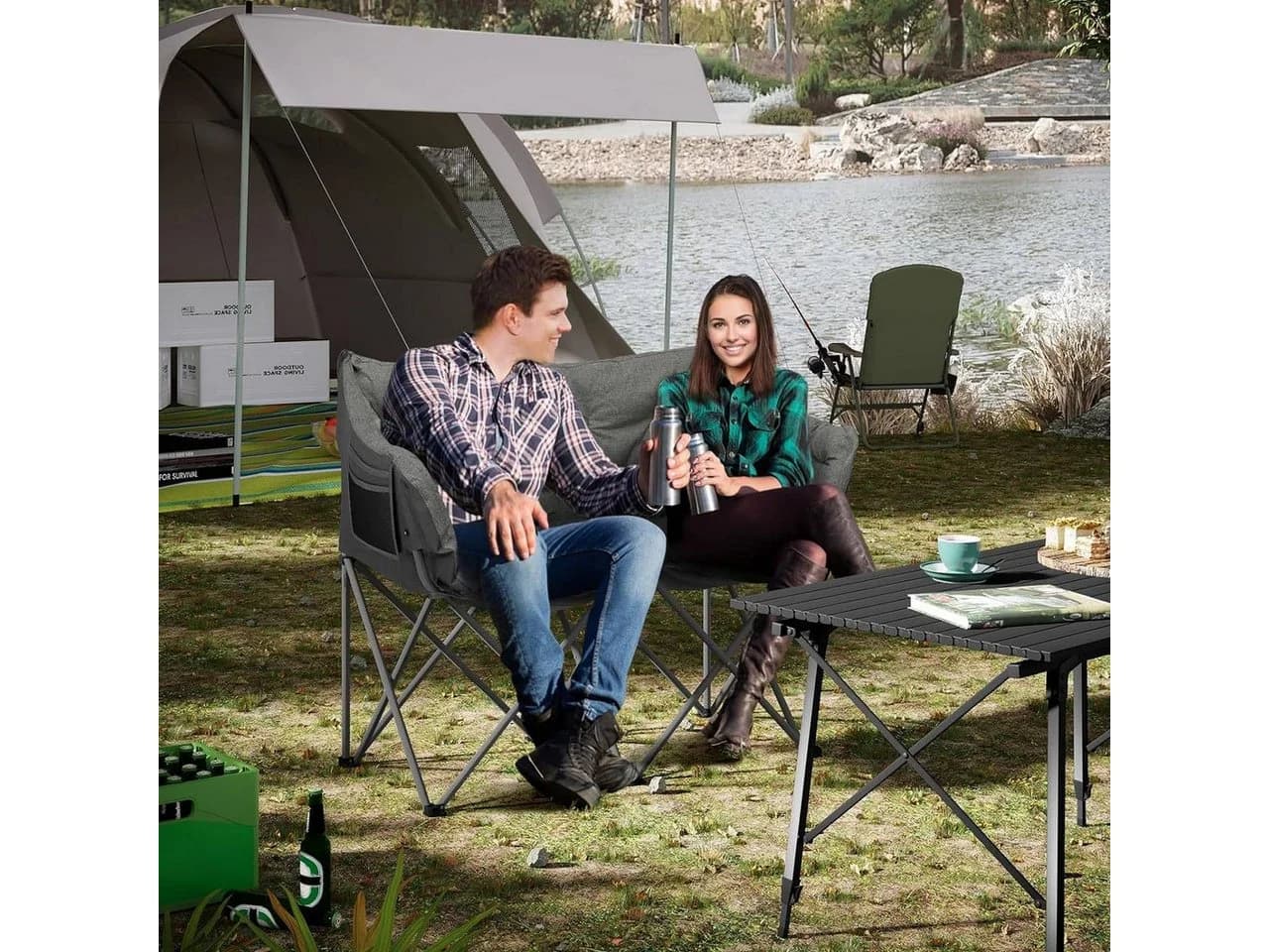 Woltu Campingstuhl Klappstuhl für 2 Personen Dunkelgrau - Bild 1