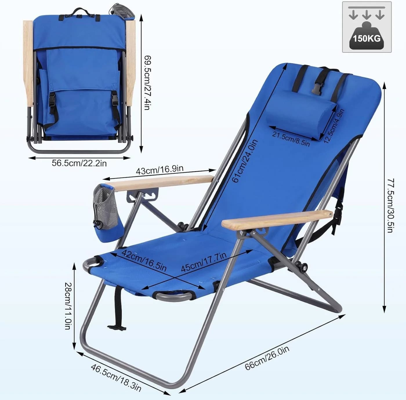 Woltu Campingstuhl Klappbar Blau Holzarmlehnen Verstellbar - Bild 3