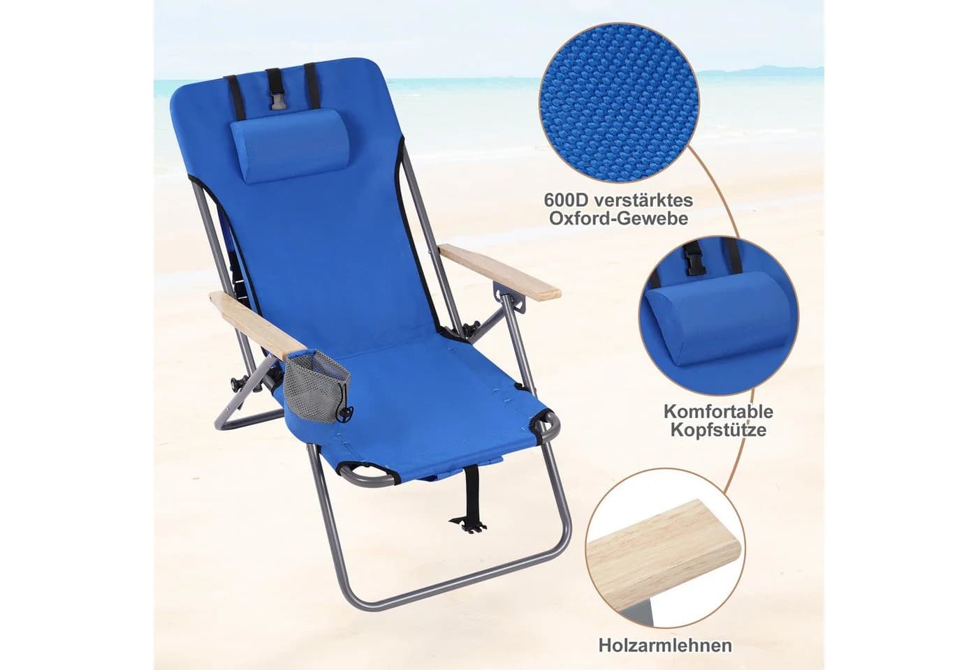 Woltu Campingstuhl Klappbar Blau Holzarmlehnen Verstellbar - Bild 5