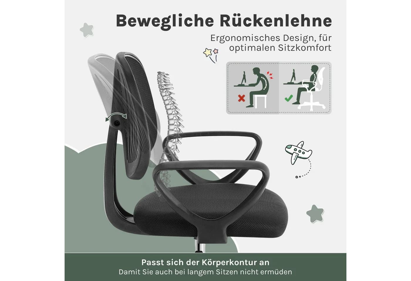 Klihome Kinderdrehstuhl Ergonomisch Höhenverstellbar Netzstoff