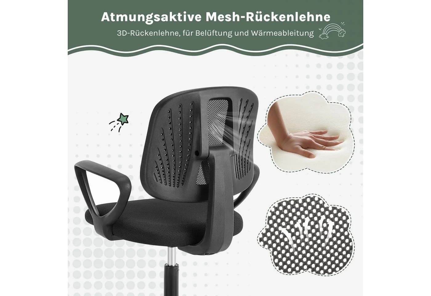 Klihome Kinderdrehstuhl Ergonomisch Höhenverstellbar Netzstoff - Bild 5