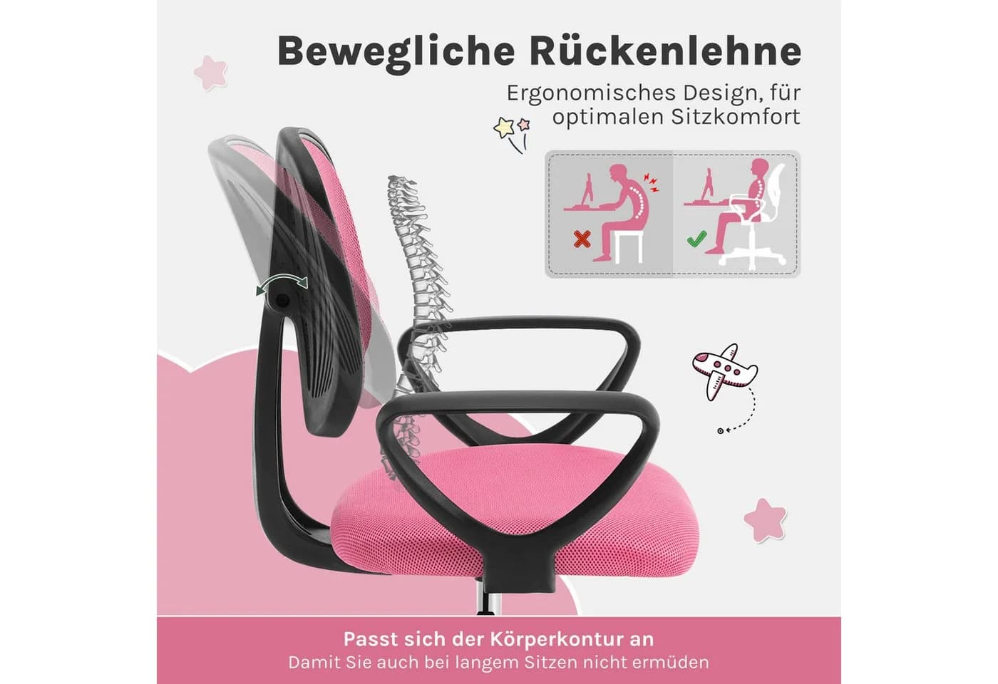 Klihome Kinderdrehstuhl Rosa Ergonomisch Höhenverstellbar