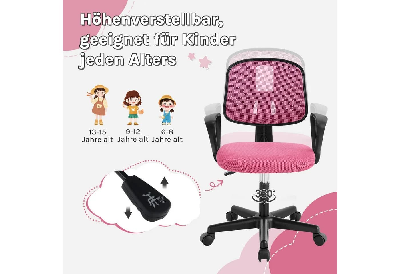 Klihome Kinderdrehstuhl Rosa Ergonomisch Höhenverstellbar - Bild 3