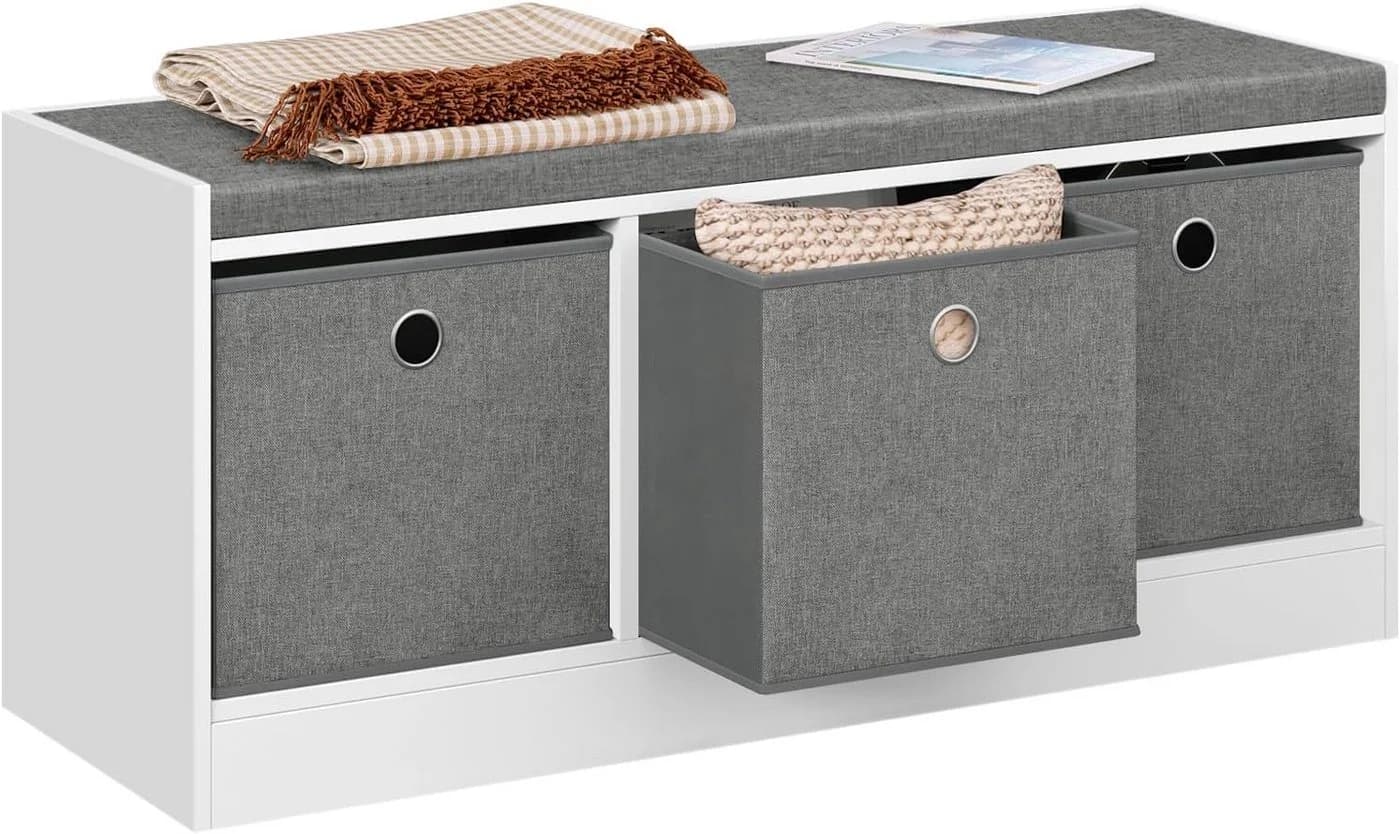Woltu Schuhbank mit 3 Stoffschubladen Weiß/Grau - Bild 2