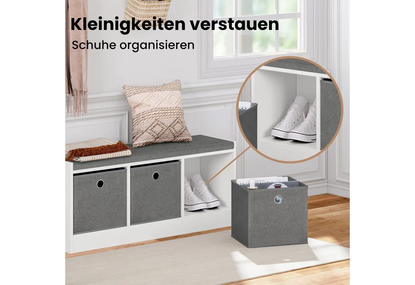 Woltu Schuhbank mit 3 Stoffschubladen Weiß/Grau - Bild 4