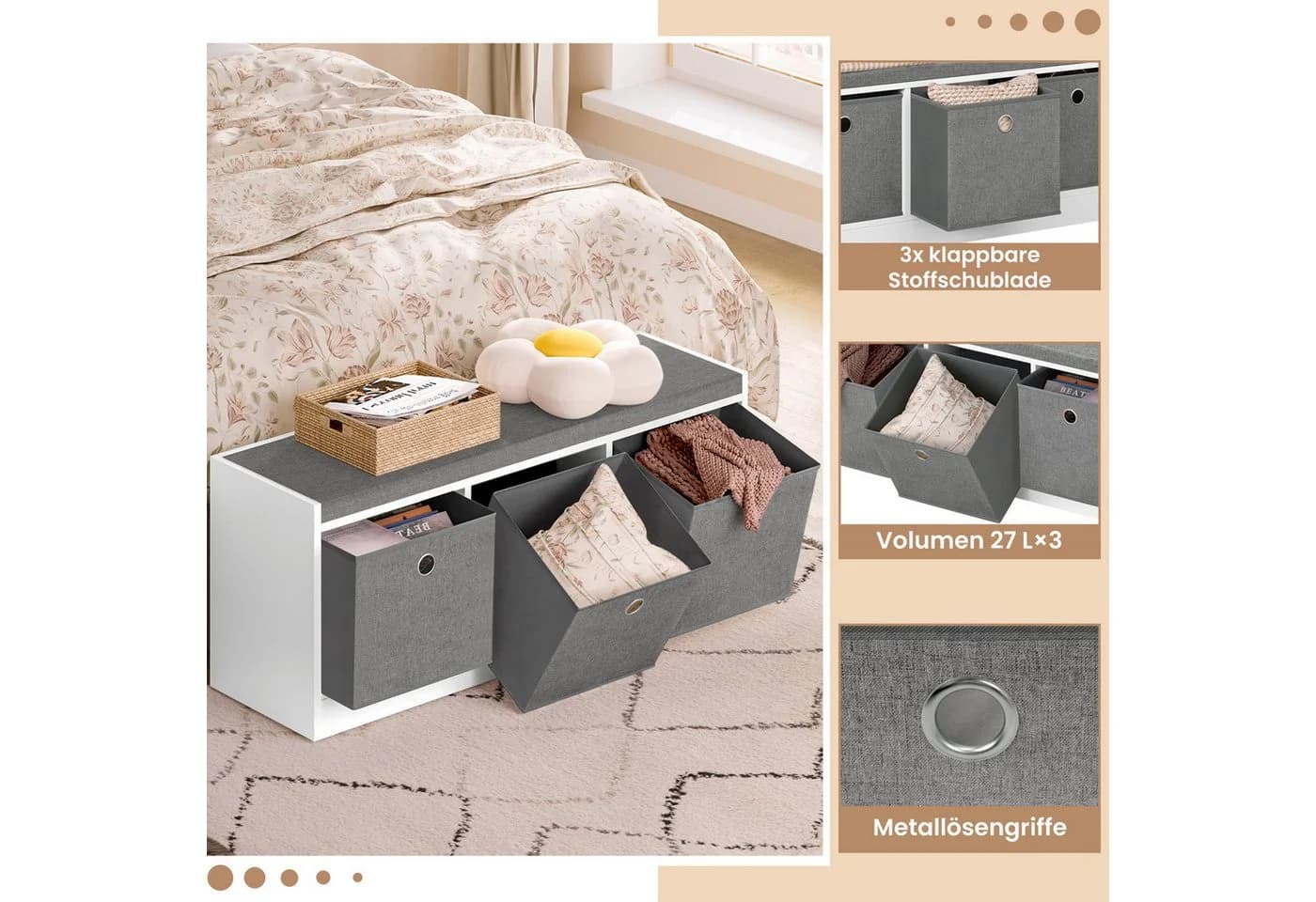Woltu Schuhbank mit 3 Stoffschubladen Weiß/Grau - Bild 5