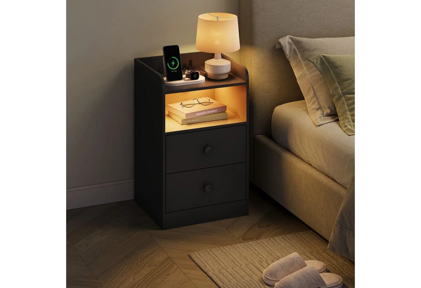 Woltu Nachttisch 1-St. Schwarz LED-Licht 2 Steckdosen 2 USB - Bild 2