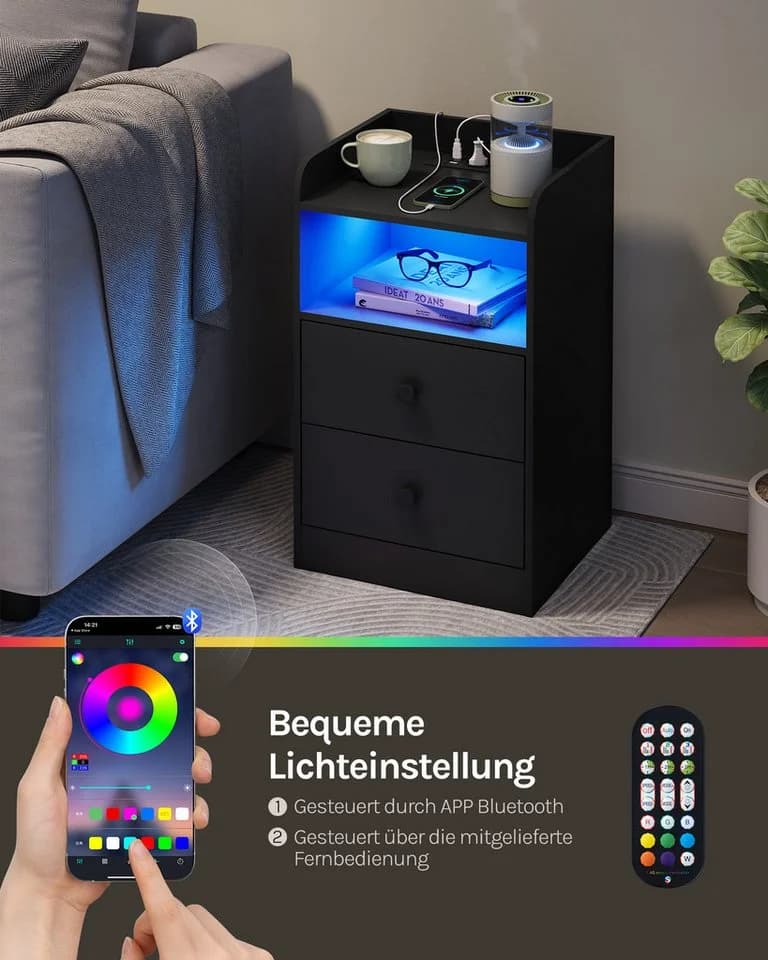 Woltu Nachttisch 1-St. Schwarz LED-Licht 2 Steckdosen 2 USB - Bild 5