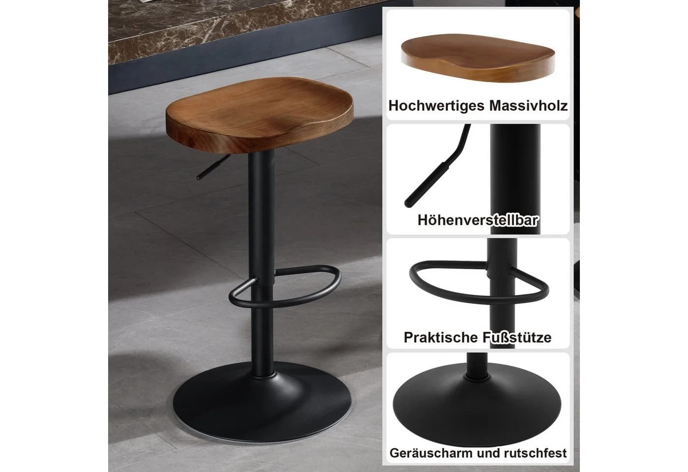 Woltu Barhocker 2er Set, drehbar, Massivholz, Braun - Bild 5